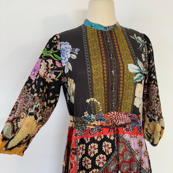 Johnny Was Silk Tibby Jaime 3/4 Sleeve Tiered Maxi Dress Multicolor Patchwork XS - Picture 4 of 15